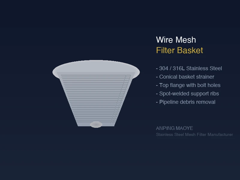 Stainless steel wire mesh filter basket render showing conical basket strainer with top flange rim and spot-welded support ribs for pipeline debris removal